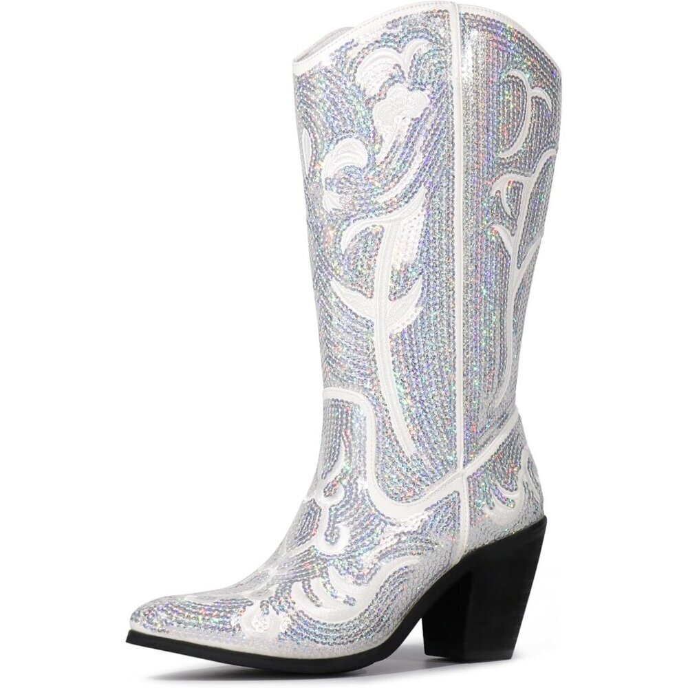 Womens White  Sequin Mid Calf Western Wide Calf High Fashion Pointed Toe Boots